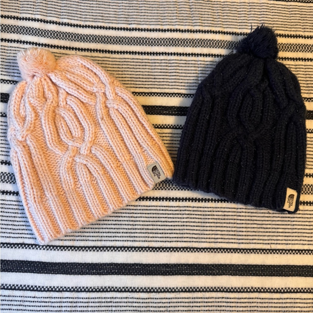 The North Face Kids Cable Pom Beanies in Pink and Black